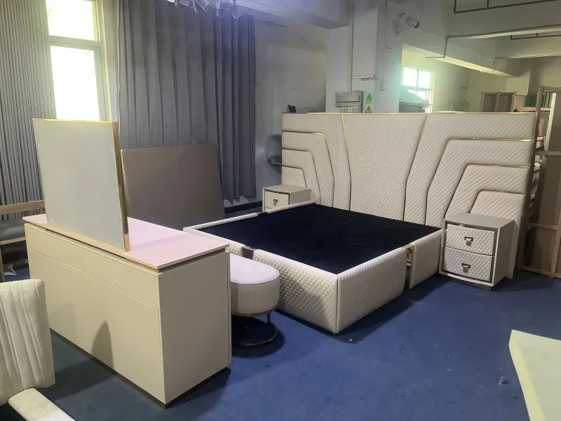 Luxury Custom Upholstered Bed Set With Headboard Nightstands Bench And Dressing Table Cream Leather Gold Trim OEM ODM Whole House Soft Furniture