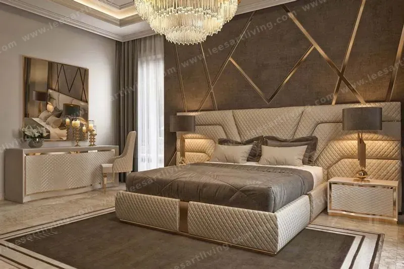 Luxury wide headboard villa hotel wood upholstered beds