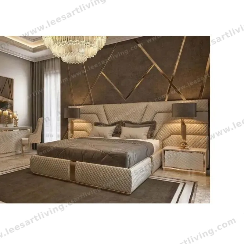 Luxury wide headboard villa hotel wood upholstered beds