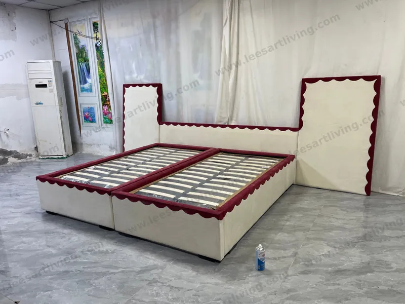 Custom Twin Size Upholstered Platform Bed Set With Scalloped Edge Headboard And Side Panels Cream And Burgundy OEM ODM Whole House Soft Furniture