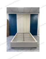 Custom Upholstered Platform Bed With Blue Wood Molding Feature Wall Panel Fabric Headboard OEM ODM Whole House Soft Furniture