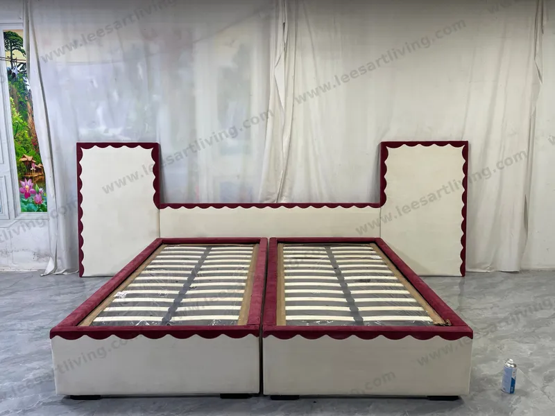 Custom Twin Size Upholstered Platform Bed Set With Scalloped Edge Headboard And Side Panels Cream And Burgundy OEM ODM Whole House Soft Furniture