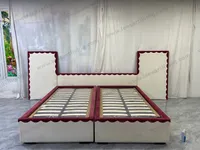 Custom Twin Size Upholstered Platform Bed Set With Scalloped Edge Headboard And Side Panels Cream And Burgundy OEM ODM Whole House Soft Furniture