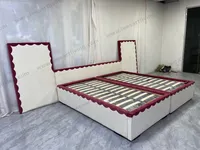 Custom Twin Size Upholstered Platform Bed Set With Scalloped Edge Headboard And Side Panels Cream And Burgundy OEM ODM Whole House Soft Furniture