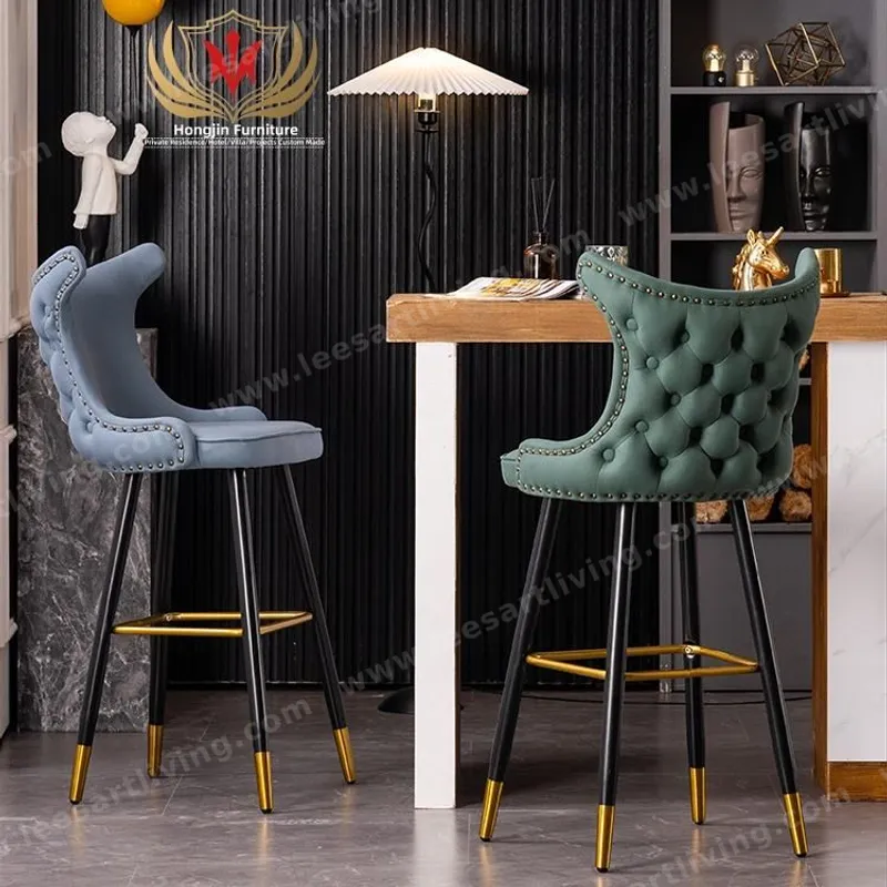 Luxury Tufted Upholstered Bar Stool with High Back & Gold Metal Legs OEM ODM Furniture Customize