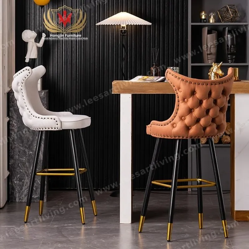 Luxury Tufted Upholstered Bar Stool with High Back & Gold Metal Legs OEM ODM Furniture Customize