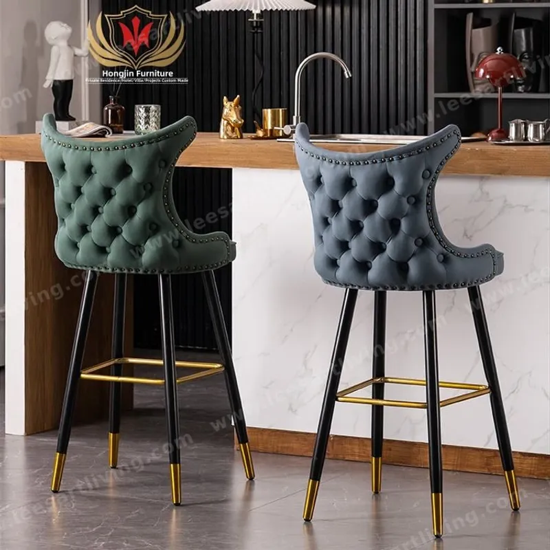 Luxury Tufted Upholstered Bar Stool with High Back & Gold Metal Legs OEM ODM Furniture Customize