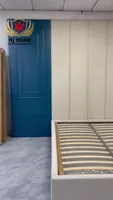 Custom Upholstered Platform Bed With Blue Wood Molding Feature Wall Panel Fabric Headboard OEM ODM Whole House Soft Furniture