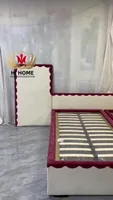 Custom Twin Size Upholstered Platform Bed Set With Scalloped Edge Headboard And Side Panels Cream And Burgundy OEM ODM Whole House Soft Furniture